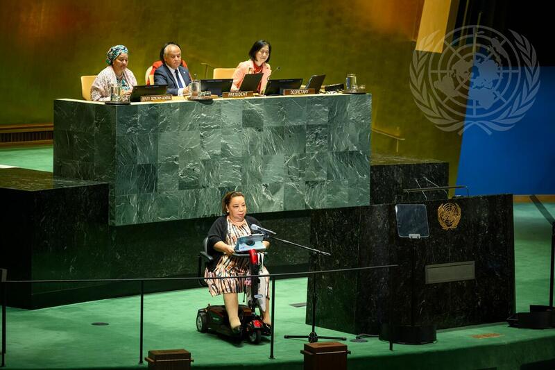 Heba Hagrass (at microphone), Special Rapporteur on the Rights of Persons with Disabilities